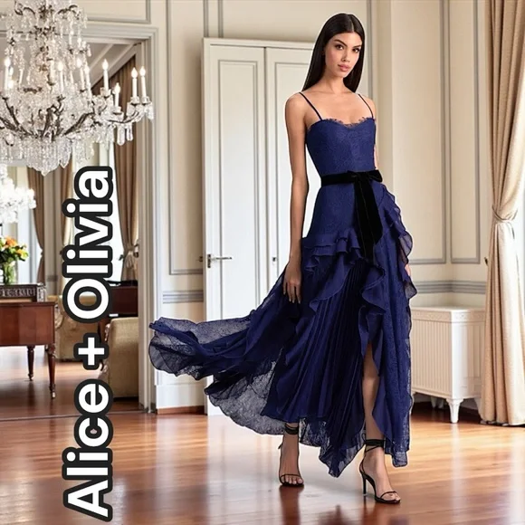 Alice + Olivia Milla Lace Maxi Dress - Blue Lace and Black Velvet Evening Dress - Picture 1 of 10